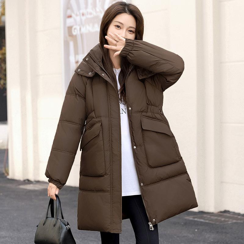 

2025 зима новая мода хлопковая одежда женская средней длины повседневная большого размера свободная талия пуховое хлопковое пальто верхняя одежда XXL кофейный
