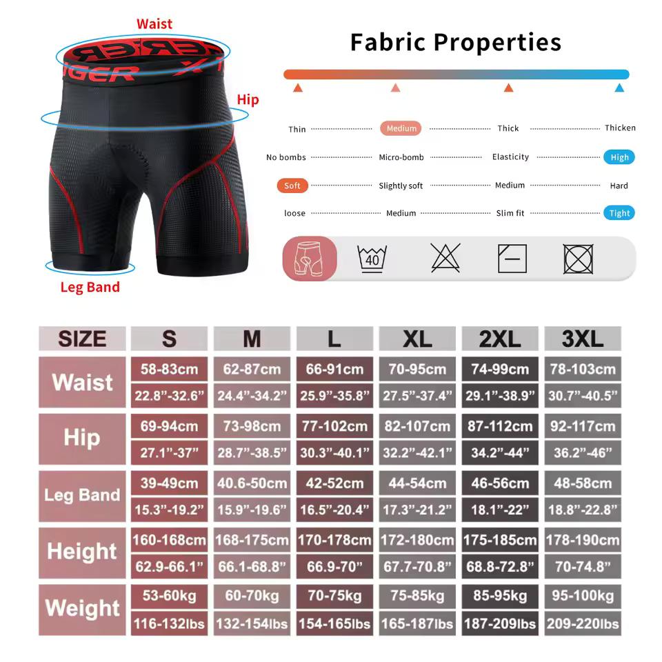 X-TIGER Men's Cycling Underwear Shorts 5D Padded Sports Riding Bike MTB Liner Shorts with Anti-Slip Leg Grips Bicycle Underwear