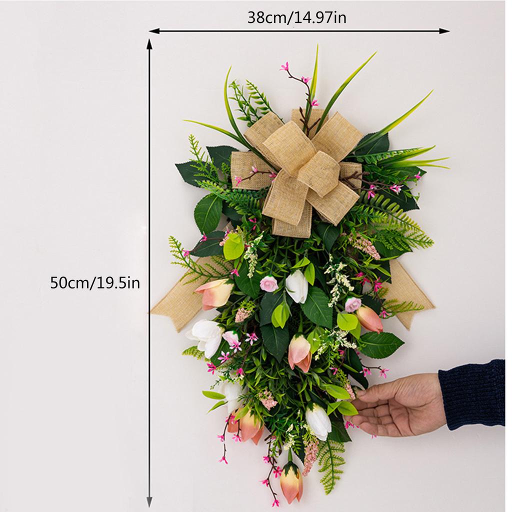 Spring Wreath Artificial Flower Wreath with Bowknot for Front Door Garden Window Outdoor Wedding Decorations
