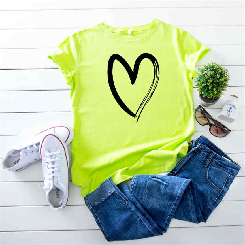 Fashion Female's Heart Pattern Print O-Neck T-shirt Short Sleeve Casual Cotton Tops