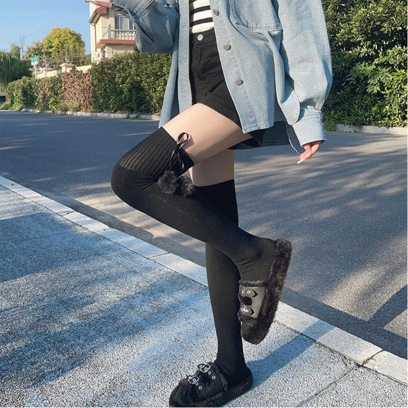 Damen kniehohe Socken Strümpfe Lolitas Schleife Schnürung Wadenstrümpfe Bommel Oberschenkelhohe Strümpfe Süß Niedlich Überknie-Socken