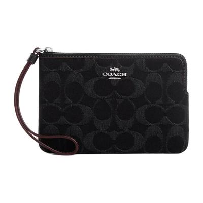 Corner Zip 15 Metal Logo Zipper Closure Signature Denim and Smooth Leather Clutch Mini Women's Silver and Black