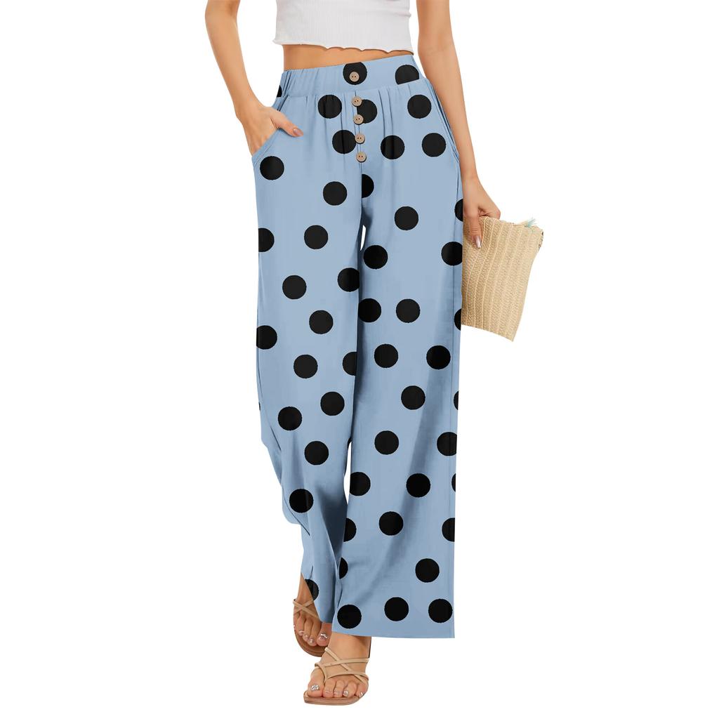 Calças Largas Femininas com Estampa de Bolinhas e Cintura Elástica com Botão e Bolsos para Uso Casual de Verão