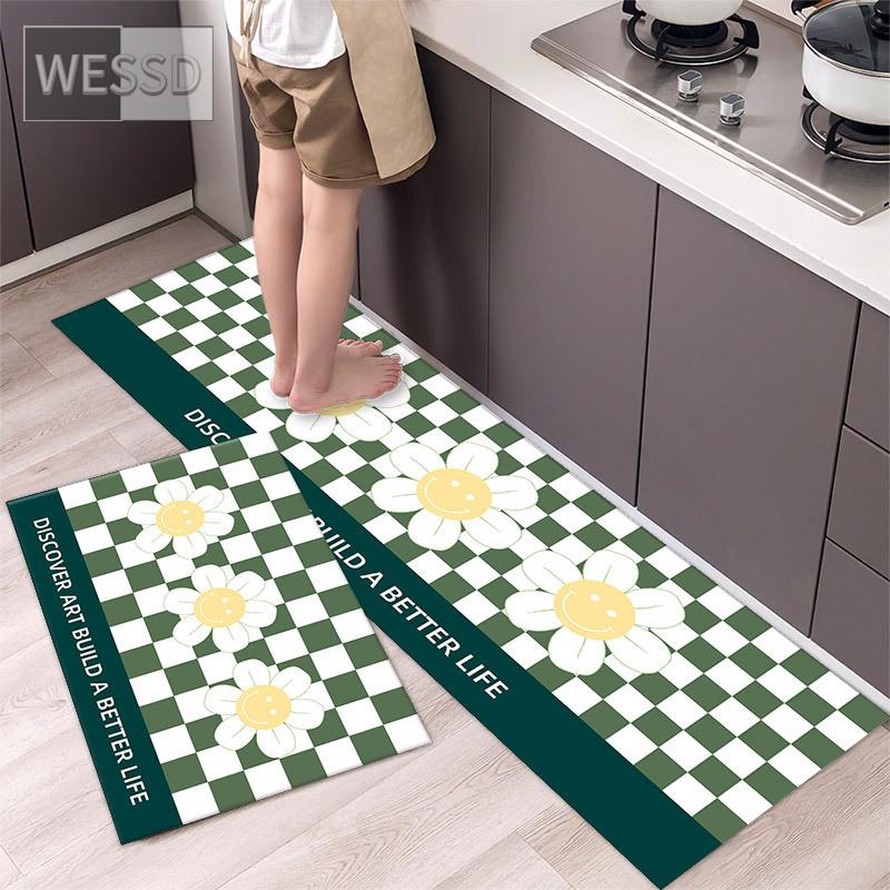 Tegneserie sjakkbrett Solblomst kjøkkenmattesett Søt løpeteppe til hjemmet Absorberende Anti-skli Vaskbare baderomsmatter 40x60cm 40x120cm 2 stk.