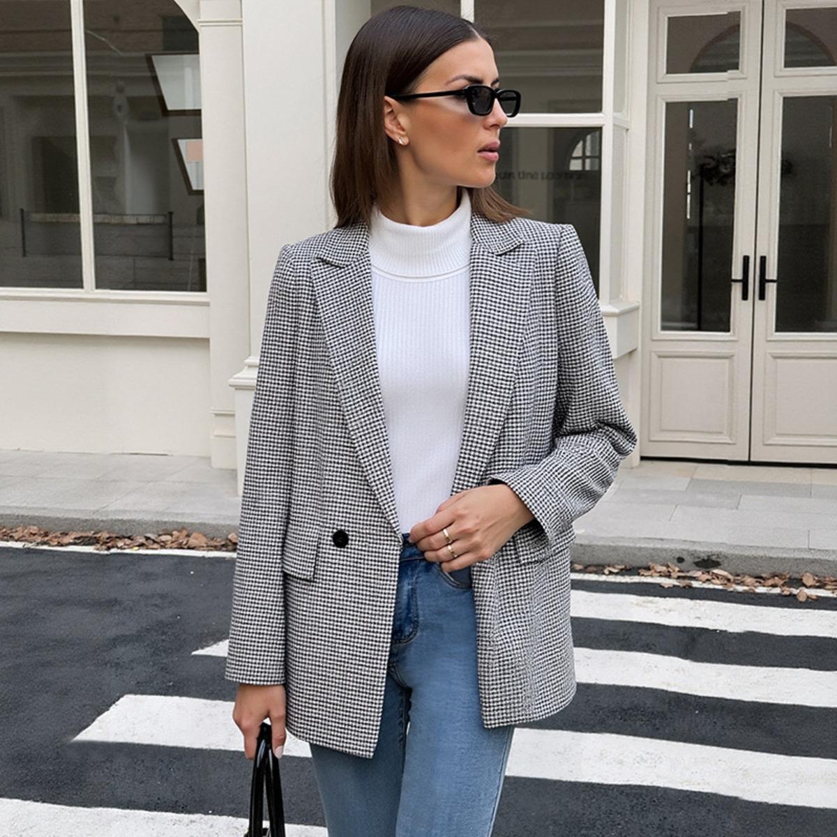 

New Vintage Houndstooth Blazer, Casual Commute Blazer Coat for Women, Retro Outerwear XL чорний