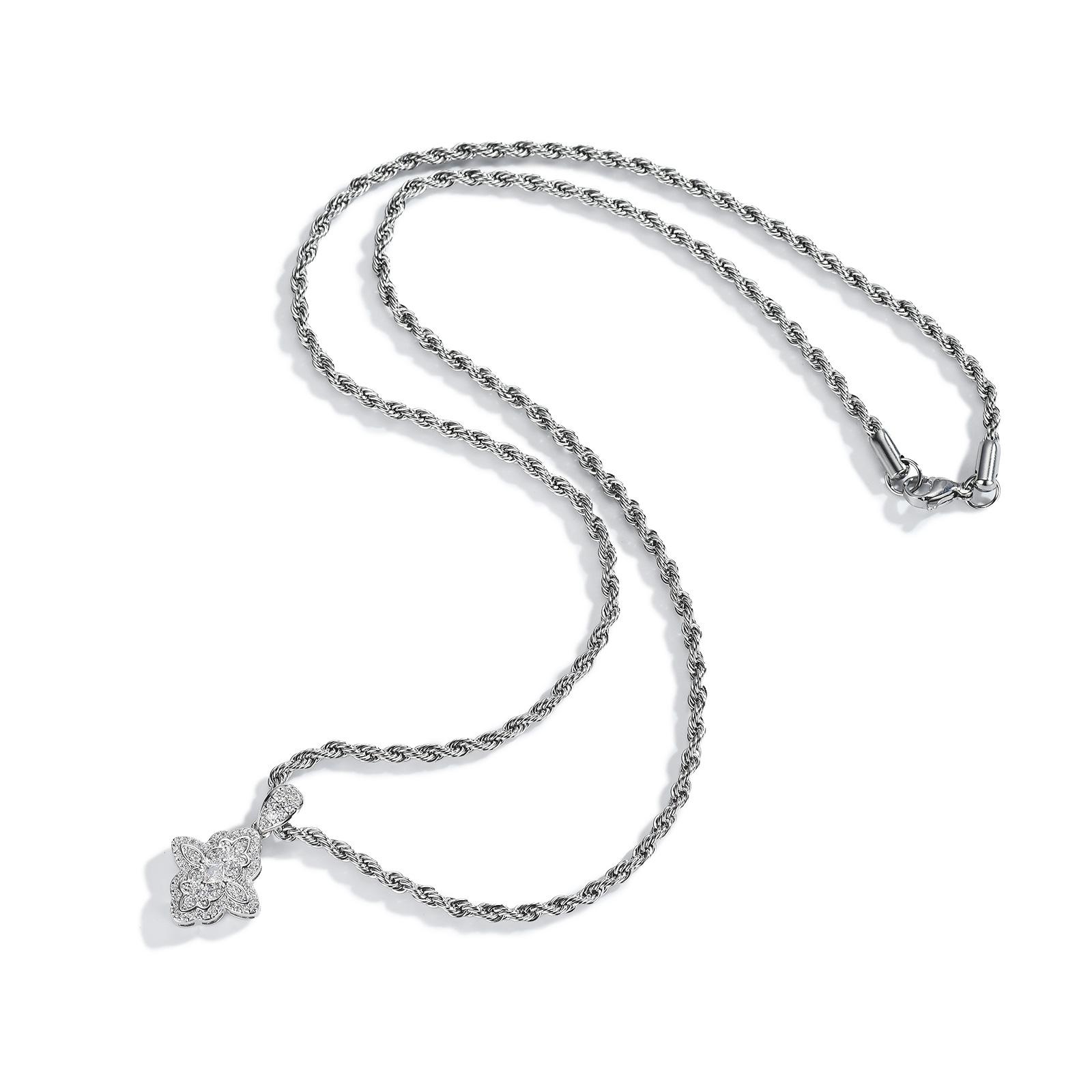 2026 Full Diamond Cross Necklace Vintage Trend Clover Pendant Collarbone Chain 60CM
