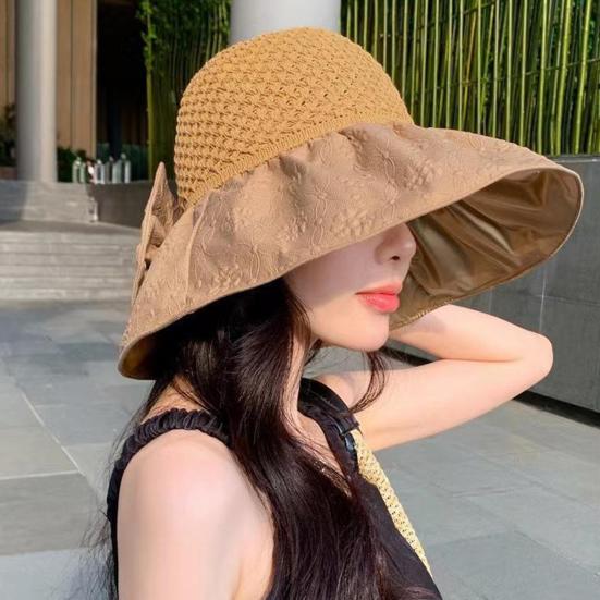 Sun Hat with Bow Design Foldable Breathable Hollow Woven Large Brim Jacquard Fabric UV Protection Face Slimming Summer Travel Hat