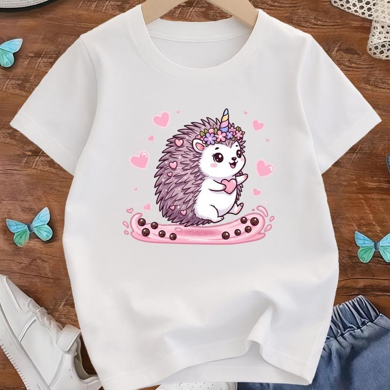 Kids Cute Hedgehog Cartoon Print Crewneck Short Sleeve Tee, Spring Summer Casual Kids Top, Ideal Gift 110 белый