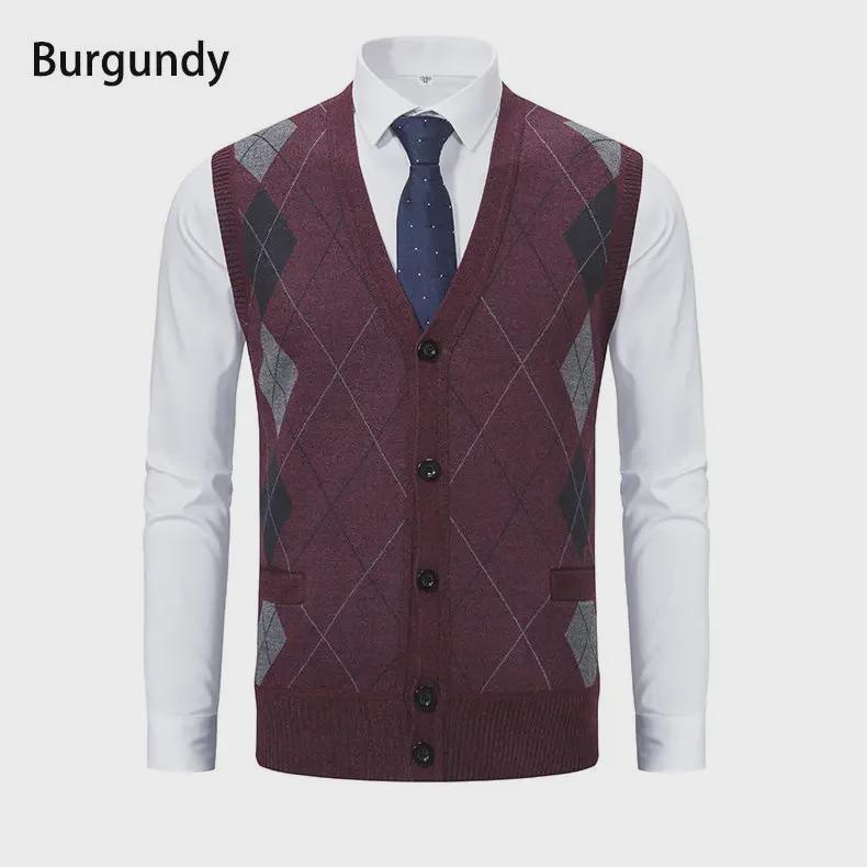 Męska dzianinowa kamizelka swetrowa Slim-Fit z dekoltem w serek w romby - Bez rękawów, moda Business Casual na jesień i zimę.