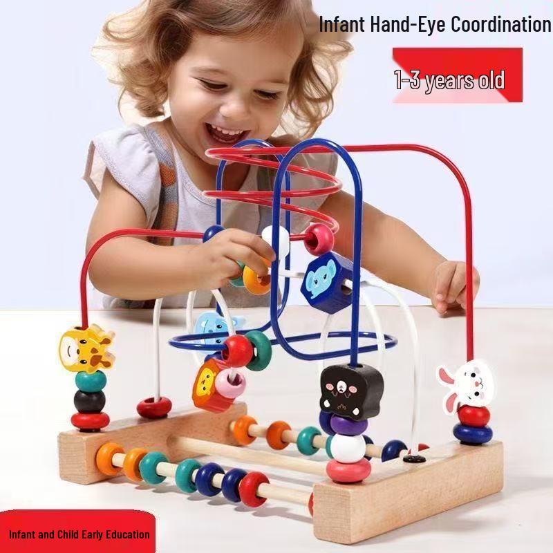 Multi-Functional Wooden Animal Bead Maze Toy for Infants: Three-Track Stringing Beads for Hand-Eye Coordination and Early Education