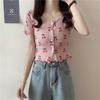 Sommerliches T-Shirt mit Kirschdruck für Damen, koreanische Version, schmale Passform und vielseitiges kurzes Strickjacken-Oberteil