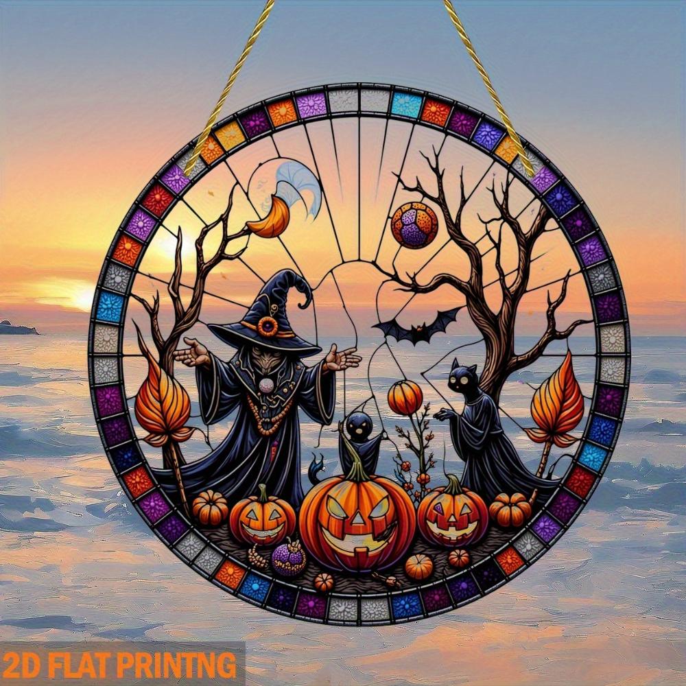2D flacher Acryl-Grusel-Halloween-Fensteranhänger, Geister-Kürbis-Hexen-Design, geeignet für Haus-, Veranda-, Garten- und Partydekoration