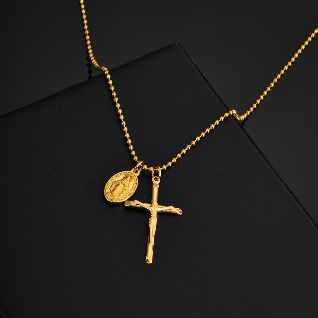 Catholic Cross Necklace for Men Boys,Gold Plated Stainless Steel Virgin Mary Prayer Necklace, Religious Faith Jewelry Gift