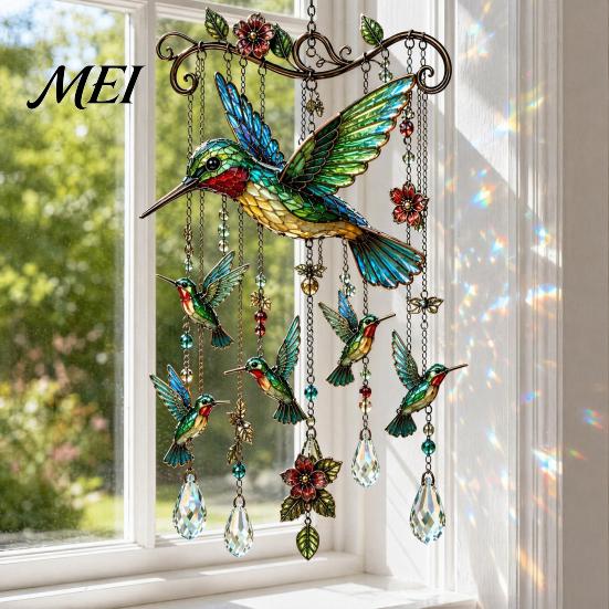 Crystal Bead Wind Chime Graceful Bird Chimes, Chimes for Outside, Metal Three-dimensional Carving Hanging Suncatchers with Pendants Garden Yard Decor