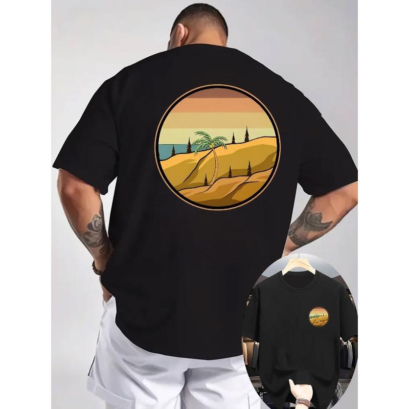 

Men s Black T - Shirt with Desert Landscape Graphic on Back & Chest, Short Sleeve, Casual Summer Sunset Sunrise Design, Perfect for Beach, Outdoors S чёрный