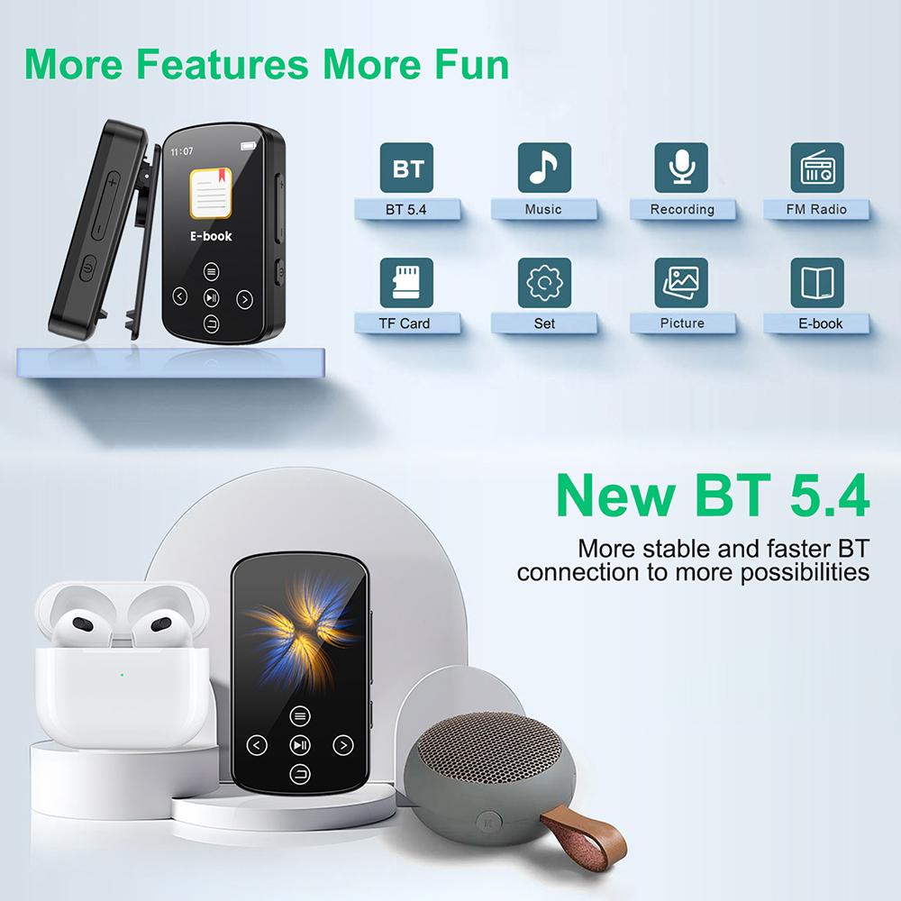 MP308 MP3 Player with BT 5.4 Back Clip 1.5" HighClear Touchscreen Portable Player Builtin