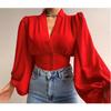 Summer New Style Temperament Button V-neck Lantern Sleeve Blouse Shirt Women