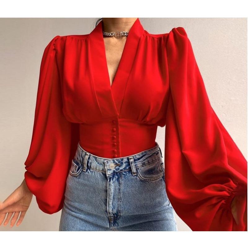 Summer New Style Temperament Button V-neck Lantern Sleeve Blouse Shirt Women