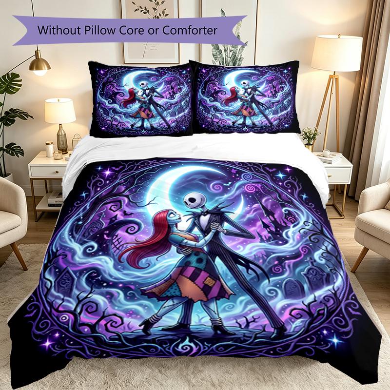 3pcs Duvet Cover Set, Halloween Jack Sally Skull Bedding Set, Machine Washable, Breathable Fabric, All-Season Cozy Bedroom Accessory