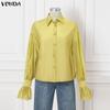 VONDA Women Lapel Neck Long Sleeve Semi-Sheer Thin Casual Shirts Blouse