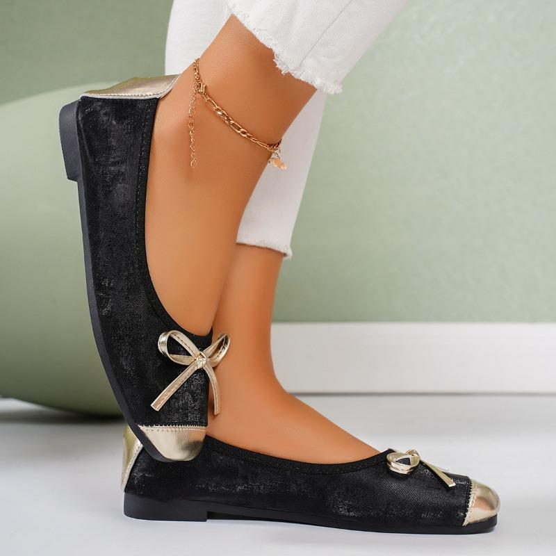 Fashion Summer Autumn Square Toe Ballet Shoes Elegant Bow Knot Flat Soft Sole Mary Jane Casaul Silver Slip on Shallow  Sneakers Women