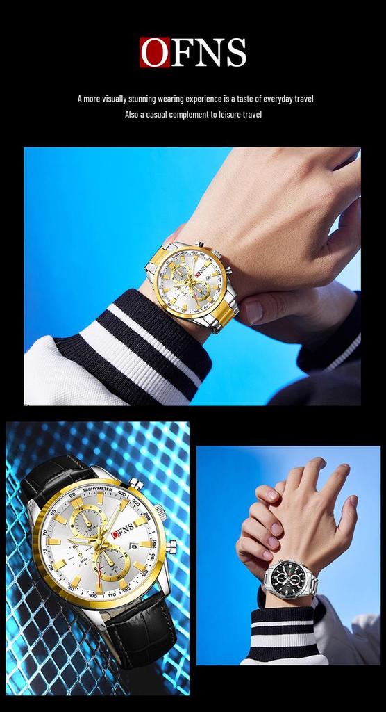 OFNS 3D Sun Dial Quartz Watch: Luminous, Waterproof, Multifunctional Men's Timepiece with Three-Eye, Six-Needle Design and Calendar.
