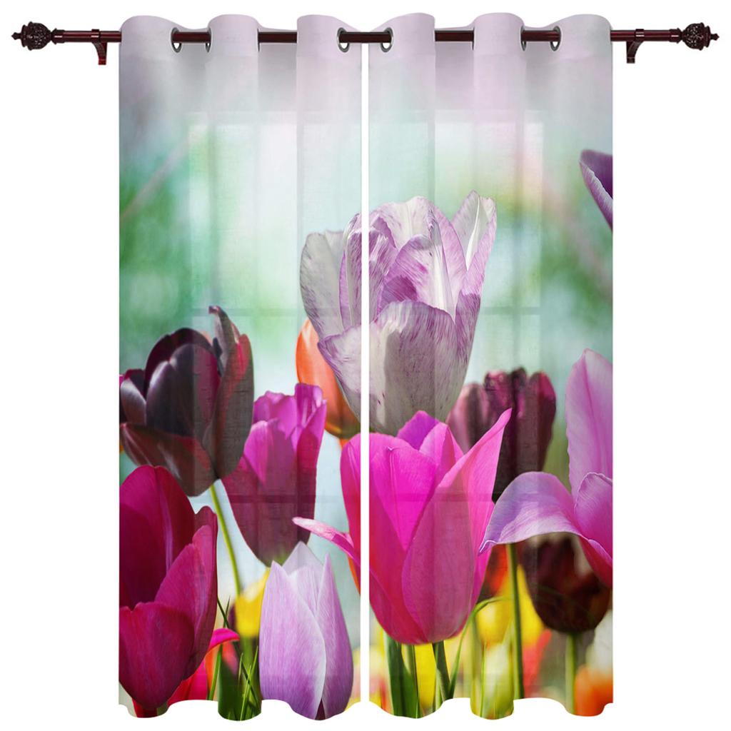 Spring Tulip Flower Plants Window Curtain Living Room Luxury Valance Curtain for Bedroom Home Kitchen Decor Curtain
