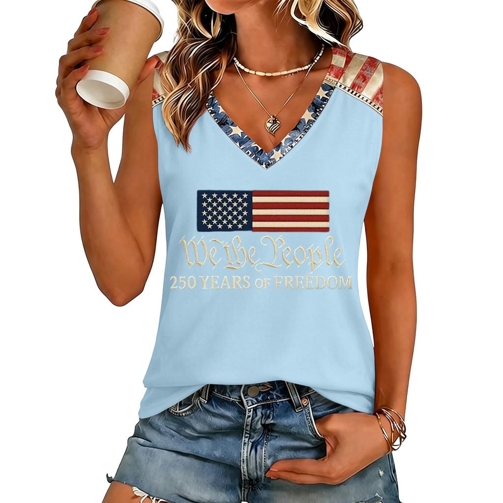 Women V Neck Casual Sleeveless Tank Top 250 Years Of Freedom Letter Print Lightweight Summer Shirt Sleeveless Blouse