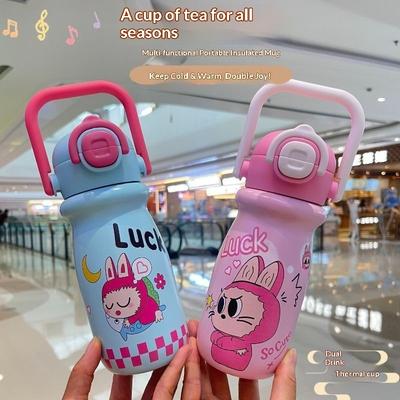 Children's Simple Thermos Cup High Value Cartoon Stainless Steel Straw Water Cup Student Portable Cup