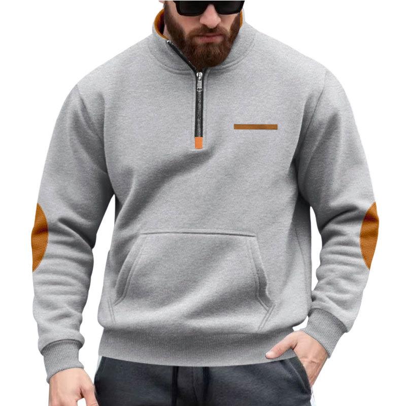 New Autumn/Winter Heavyweight Fleece-Lined Men's Patchwork Zipped Stand-Up Collar Sweatshirt for Outdoor Sports