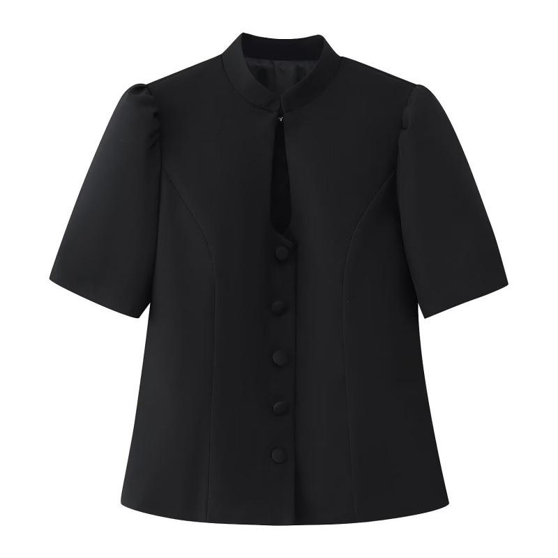 2026 Spring European American Stylish Slim-Fit Stand Collar Button-Down Short-Sleeved Top Medium чёрный