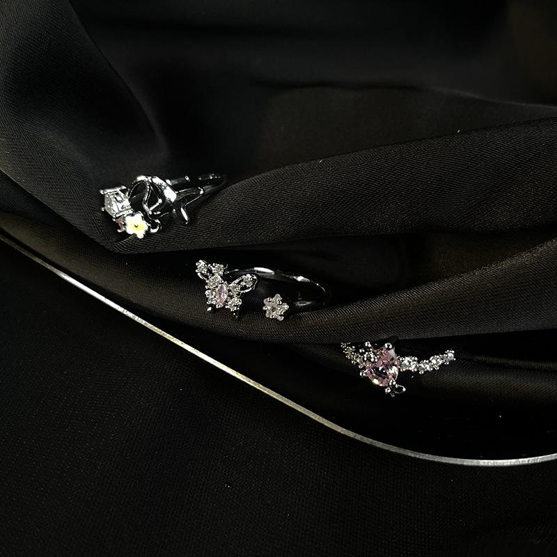 Sweet And Cool Pink Zircon Butterfly Open Ring Female Niche Design Cold Wind Fashion Personality Advanced Sense Index Finger Ring