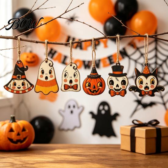 Mummy And Owl Hanging Ornaments Halloween Wooden Decor, Ghost Black Cat Pumpkin Ornament, Rustic Vintage Decorative Pendants Wall Decor Gift Tags for