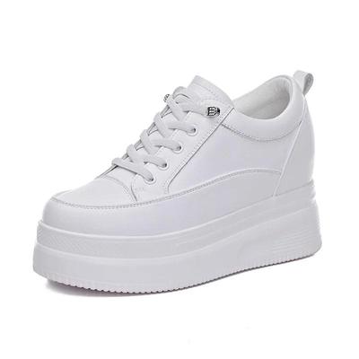 100% Genuine Leather Shoes Women Fashion Sneakers Brand Ladies Flat Platform Height Increasing 8cm Black White Shoes