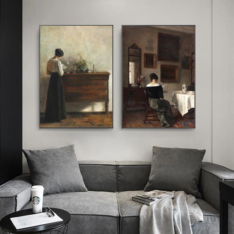 Vintage mujer leyendo escena Interior lienzo pintura carteles antiguos impresiones imágenes artísticas de pared para decoración para las paredes del salón Cuadros