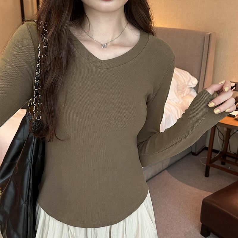 

Американська ретро приталена сорочка з V-подібним вирізом однотонного кольору для жінок, нова універсальна футболка з довгим рукавом, короткий внутрішній топ XL