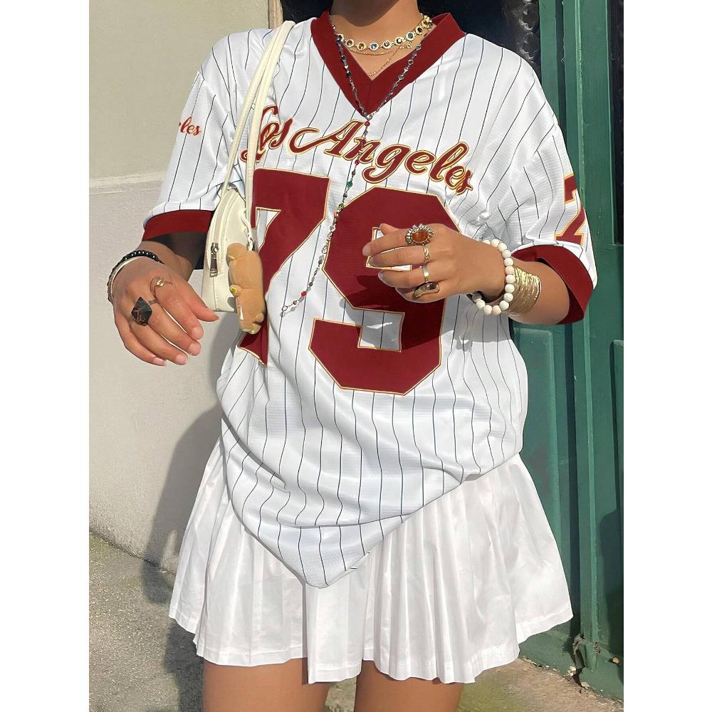 

Женская футболка с коротким рукавом и V-образным вырезом Los Angeles Letter Print, летняя футболка с графическим принтом, бейсбольные майки, спортивная футболка большого размера 3XL