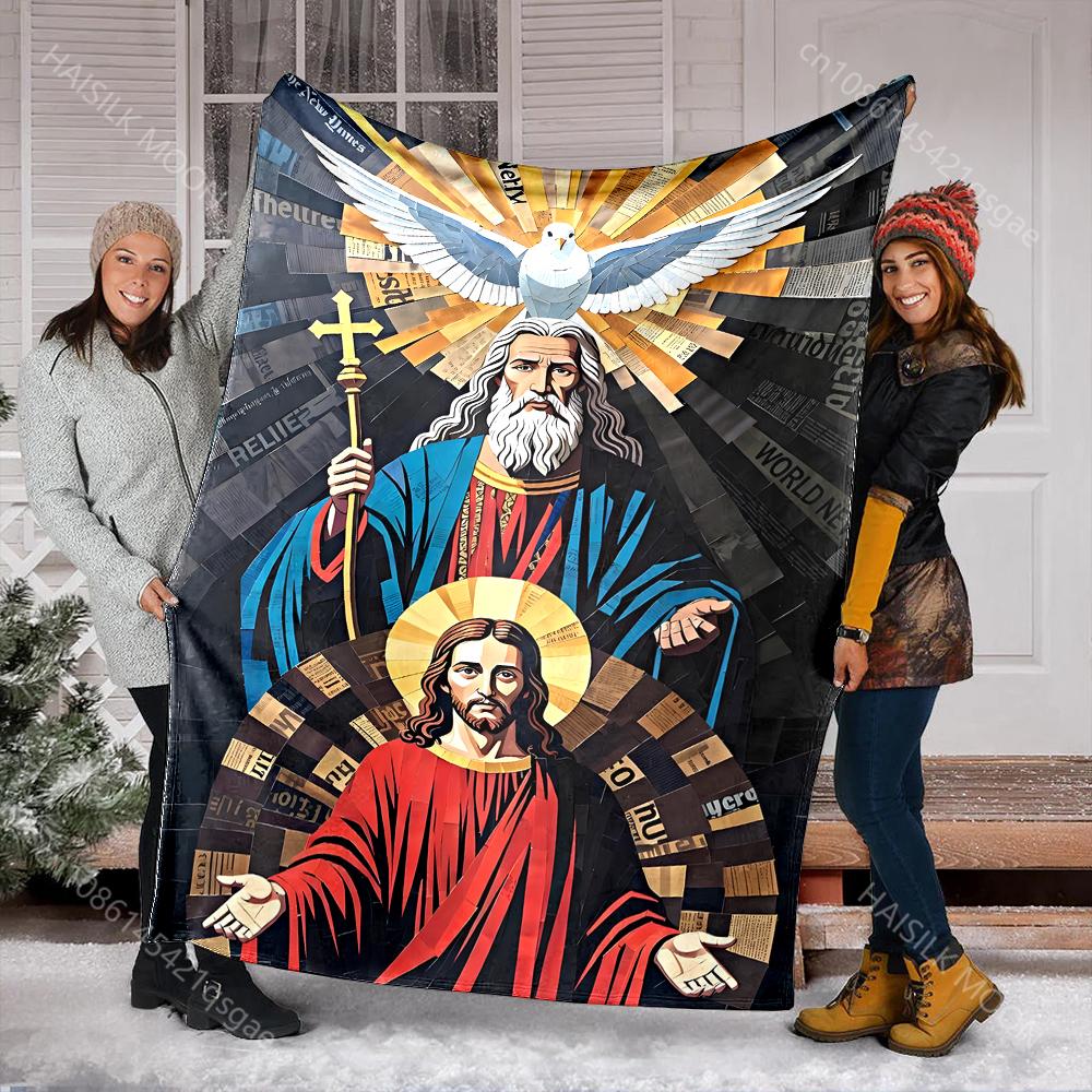 1PC Father, Son, Holy Spirit Faith-printed Flannel Blanket Soft and Warm Suitable for Home Travel Picnics Camping and RV Use