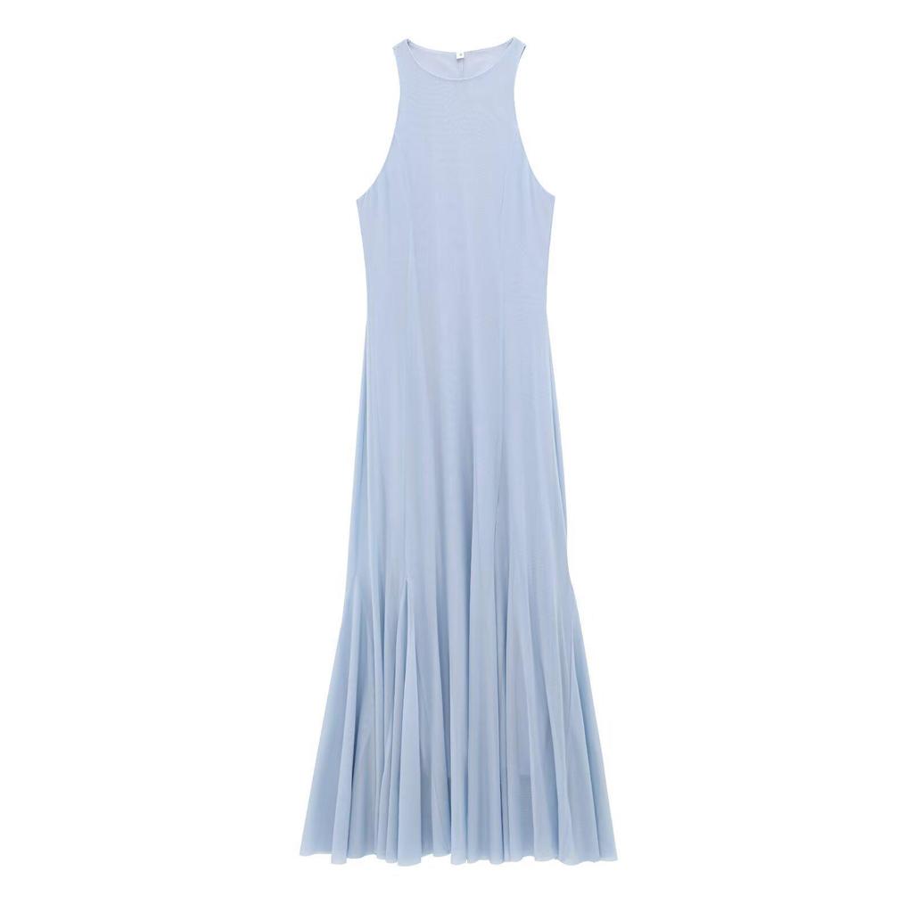 2025 Spring Elegant Wave Style Silk Net Round Neck Sleeveless Maxi Dress