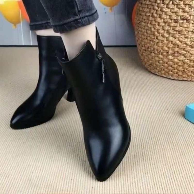 Autumn and Winter New Women's Soft Leather Cold-proof Warm Boots Thick Heel Temperament Thin Velvet Versatile and Ankle Boots Women's Boots