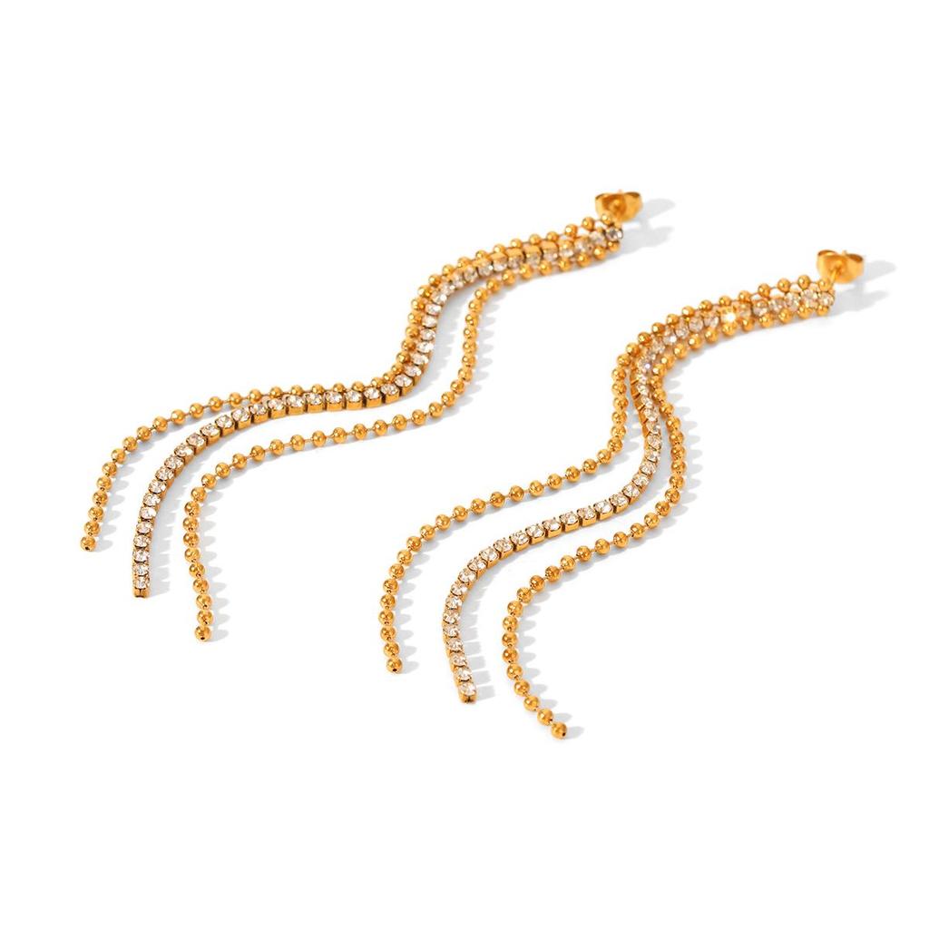 Elegant High-End Tassel Stainless Steel Stud Earrings with Diamond Row – Exquisite Light Luxury for Women