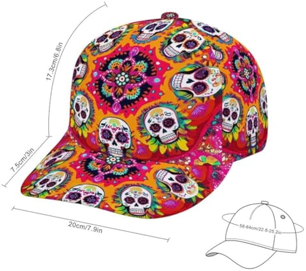 Zucker Totenkopf Buntes Blumenmuster Sonnenhut Herren Damen Verstellbare Druckknöpfe Baseballkappe Dad Cap zum Angeln Tennis Outdoor