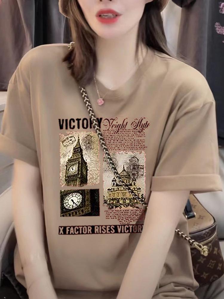Women's Khaki Short-Sleeved Oversized Retro T-Shirt - European & American Summer Style