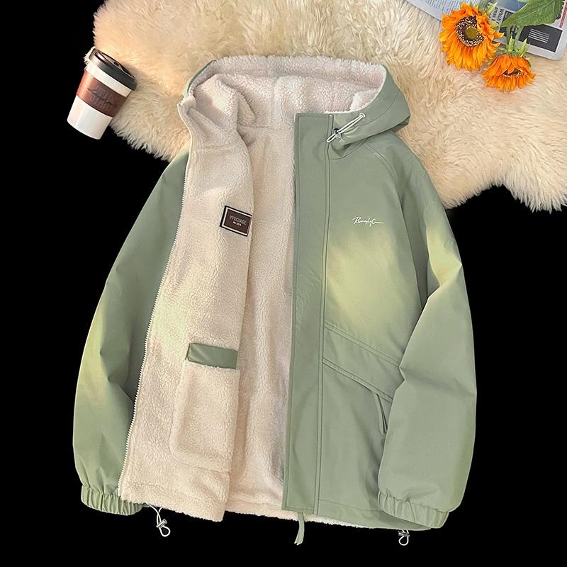 Lamb Velvet Hooded Jacket Men's Autumn Winter Thickened Double-sided Wear Loose Comfortable Casual Jacket Trendy
