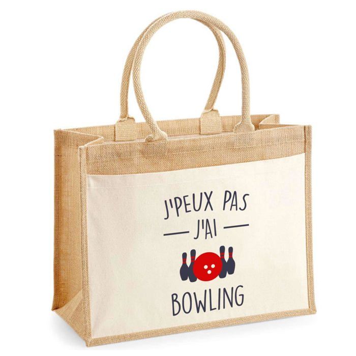 Sac de plage - PLANETEE - Jute avec poche Bowling Boule et Quilles « J'peux pas » - Coton - 43x33 cm - Imprimé en France