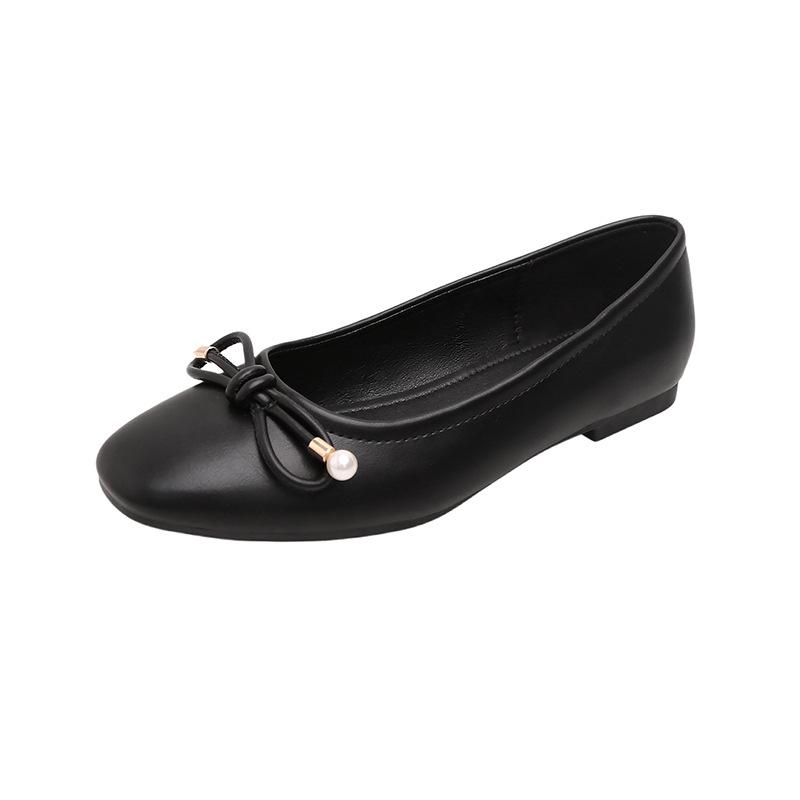 

Su Yinyin s same style, Frida girl~ classic square head bow, shallow mouth exquisite pearl ballet leather shoes 40 чёрный