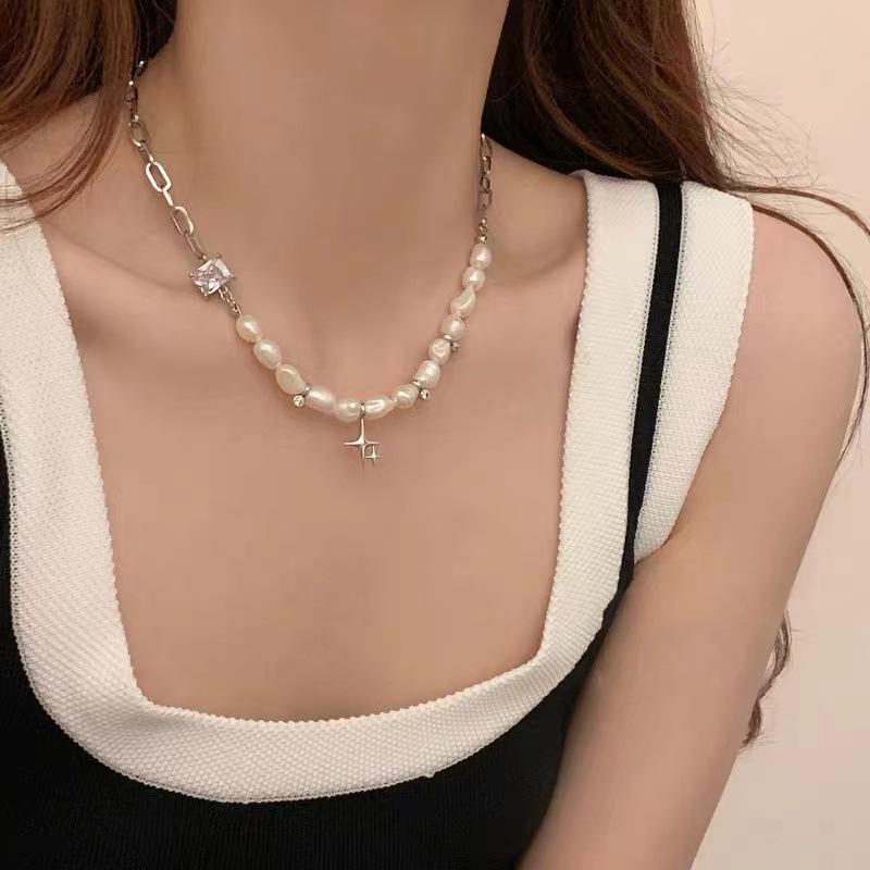 Natural Freshwater Pearl Irregular Clavicle Chain: Zircon Starry Sky Sweater Chain for Autumn/Winter