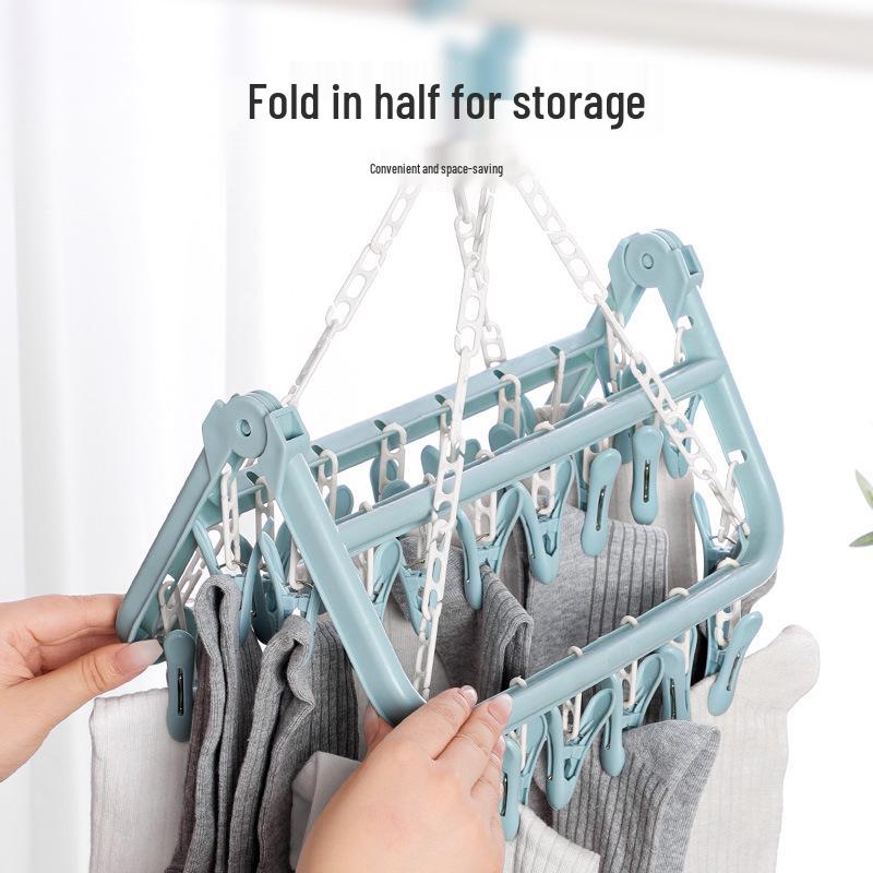 Windproof 32-Clip Plastic Hanger: Multifunctional Clothes & Socks Drying Rack for Adults & Children, Portable and Durable.