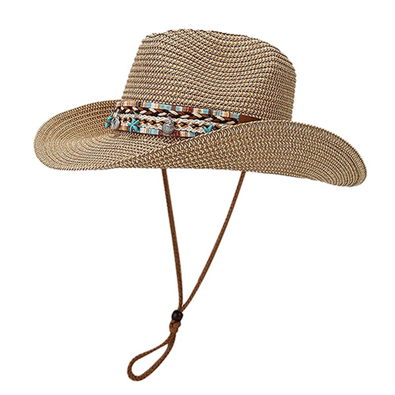Bohemian Straw Sun Hat Women Summer Breathable Foldable Sun Protection Western Cowgirls Hat Ethnic Style Holiday Beach Caps