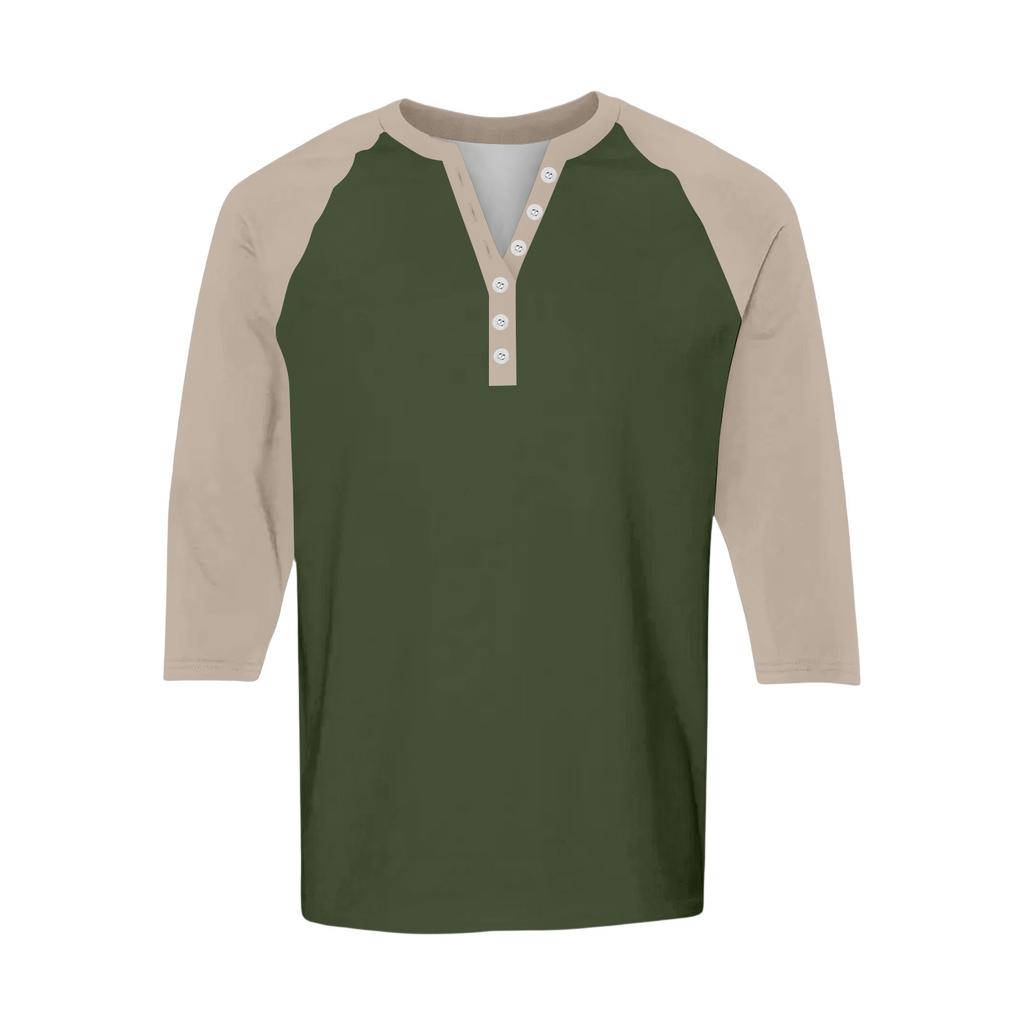 Men's Button-Down Contrast Raglan 3/4 Sleeve Top